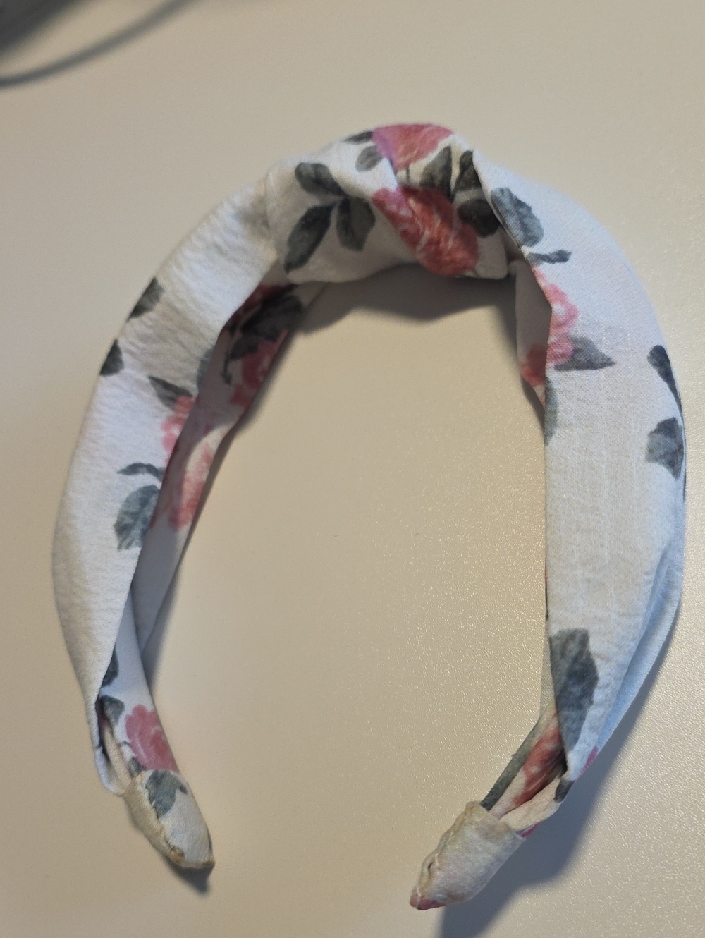 Floral Knot Top Headband — White with Pink & Gray Flowers